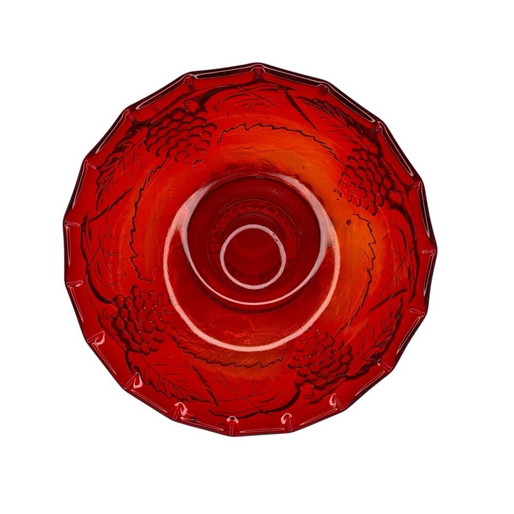 VTG L E Smith Harvest Grapes Amberina Glass Pedestal Bowl Pie Crust Rim 5" Wide - Picture 3 of 6